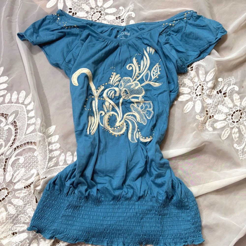 Y2K Roxy Teal Blue Floral Embroidered Studded Smocked Hem Cotton Top Size M